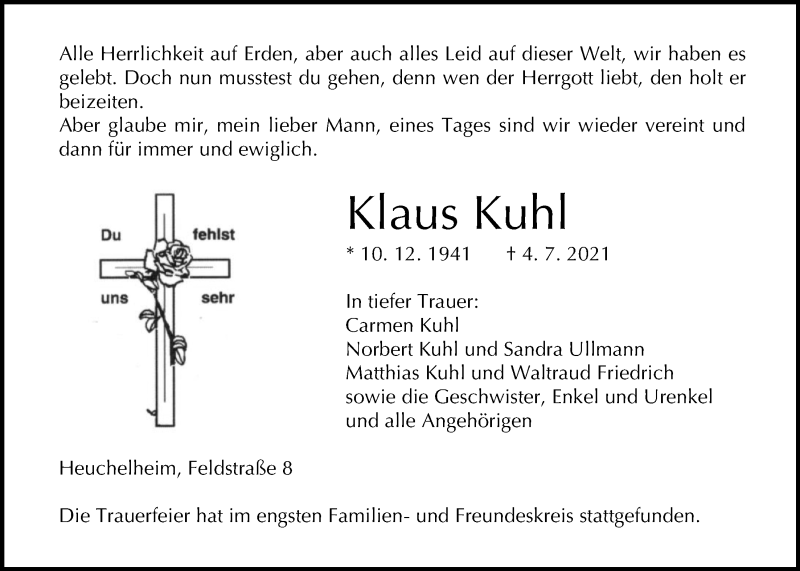  Traueranzeige für Klaus Kuhl vom 10.07.2021 aus Giessener Allgemeine, Alsfelder Allgemeine