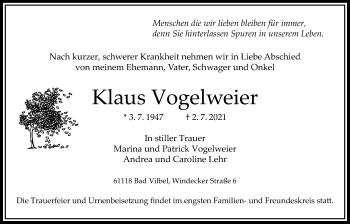 Traueranzeige von Klaus Vogelweier von Bad Vilbel/Karben