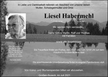 Traueranzeige von Liesel Habermehl von Giessener Allgemeine, Alsfelder Allgemeine