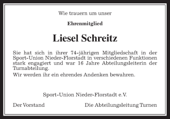 Traueranzeige von Liesel Schreitz von Wetterauer Zeitung