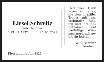 Traueranzeige von Liesel Schreitz von Wetterauer Zeitung