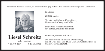 Traueranzeige von Liesel Schreitz von Wetterauer Zeitung
