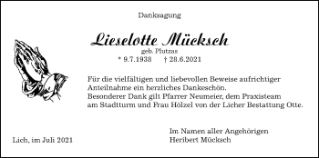 Traueranzeige von Lieselotte Mücksch von Licher Wochenblatt