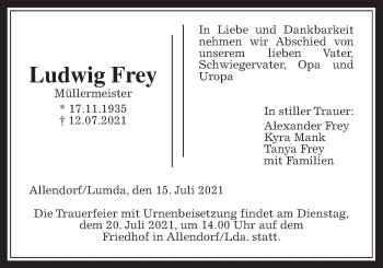 Traueranzeige von Ludwig Frey von Allendorfer Mitteilungen