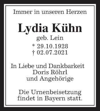 Traueranzeige von Lydia Kühn von Laubacher Anzeiger
