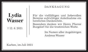 Traueranzeige von Lydia Wasser von Wetterauer Zeitung