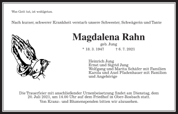 Traueranzeige von Magdalena Rahn von Wetterauer Zeitung