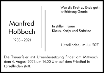Traueranzeige von Manfred Hoßbach von Giessener Allgemeine, Alsfelder Allgemeine