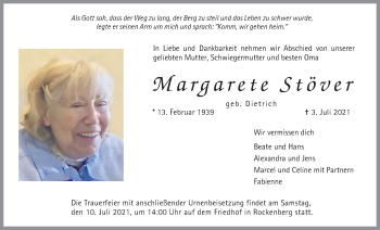Traueranzeige von Margarete Stöver von Wetterauer Zeitung