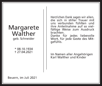Traueranzeige von Margarete Walther von Giessener Allgemeine, Alsfelder Allgemeine
