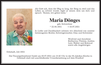 Traueranzeige von Maria Dönges von Wetterauer Zeitung