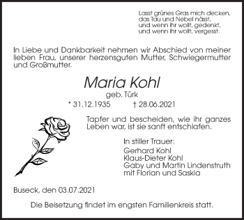 Traueranzeige von Maria Kohl von Giessener Allgemeine, Alsfelder Allgemeine