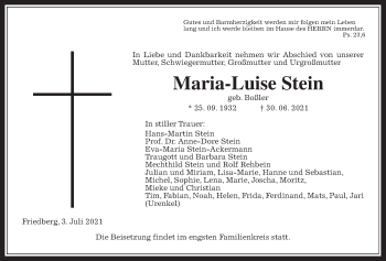 Traueranzeige von Maria-Luise Stein von Giessener Allgemeine, Alsfelder Allgemeine, Wetterauer Zeitung