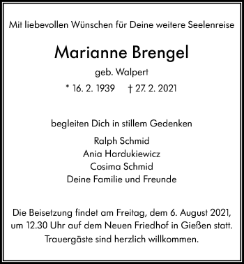 Traueranzeige von Marianne Brengel von Giessener Allgemeine, Alsfelder Allgemeine