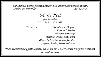 Traueranzeige von Marie Reeb von Licher Wochenblatt