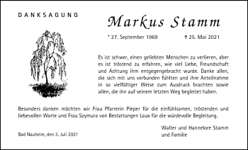 Traueranzeige von Markus Stamm von Wetterauer Zeitung
