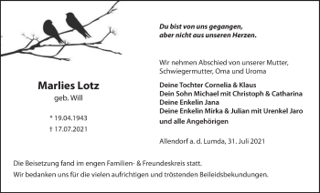 Traueranzeige von Marlies Lotz von Giessener Allgemeine, Alsfelder Allgemeine