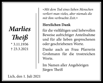 Traueranzeige von Marlies Theiß von Licher Wochenblatt