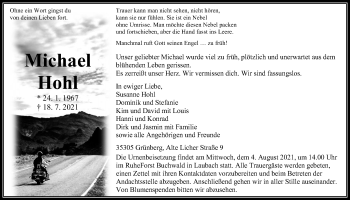 Traueranzeige von Michael Hohl von Giessener Allgemeine, Alsfelder Allgemeine