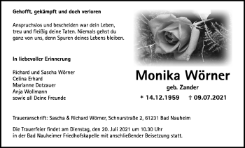 Traueranzeige von Monika Wörner von Wetterauer Zeitung