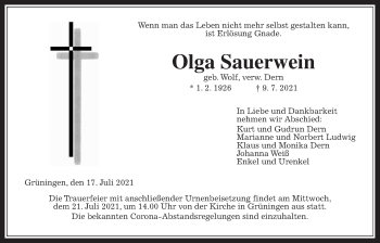 Traueranzeige von Olga Sauerwein von Giessener Allgemeine, Alsfelder Allgemeine