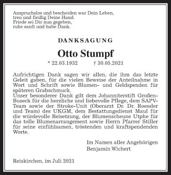 Traueranzeige von Otto Stumpf von Giessener Allgemeine, Alsfelder Allgemeine