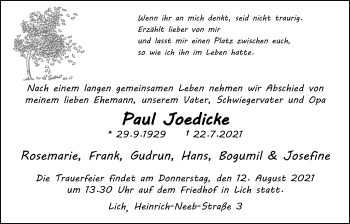 Traueranzeige von Paul Joedicke von Licher Wochenblatt
