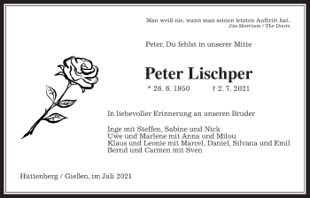 Traueranzeige von Peter Lischper von Giessener Allgemeine, Alsfelder Allgemeine