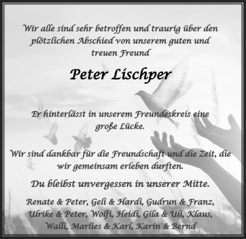 Traueranzeige von Peter Lischper von Giessener Allgemeine, Alsfelder Allgemeine
