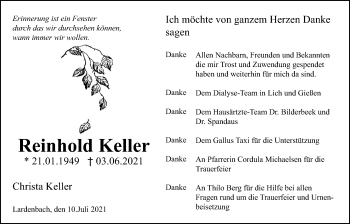 Traueranzeige von Reinhold Keller von Giessener Allgemeine, Alsfelder Allgemeine