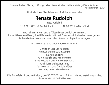 Traueranzeige von Renate Rudolphi von Bad Vilbel/Karben