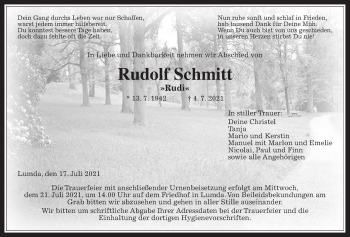 Traueranzeige von Rudolf Schmitt von Giessener Allgemeine, Alsfelder Allgemeine