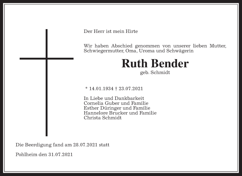  Traueranzeige für Ruth Bender vom 31.07.2021 aus Giessener Allgemeine, Alsfelder Allgemeine