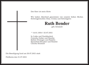 Traueranzeige von Ruth Bender von Giessener Allgemeine, Alsfelder Allgemeine