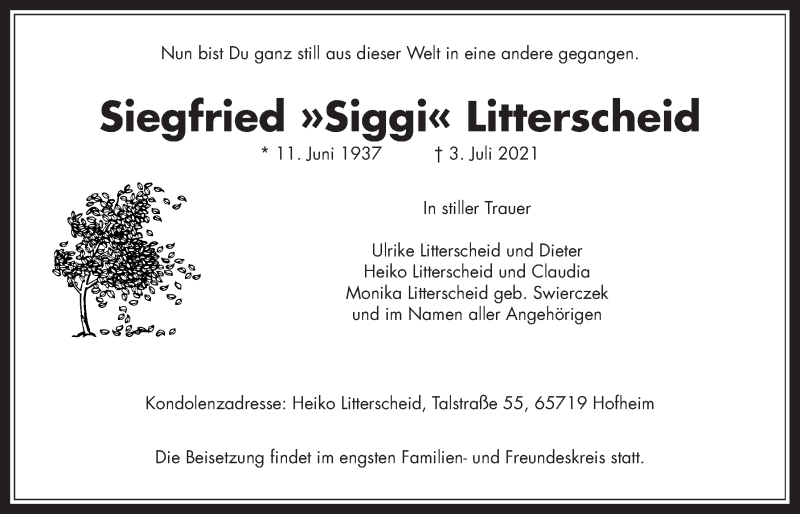  Traueranzeige für Siegfried Litterscheid vom 10.07.2021 aus Wetterauer Zeitung