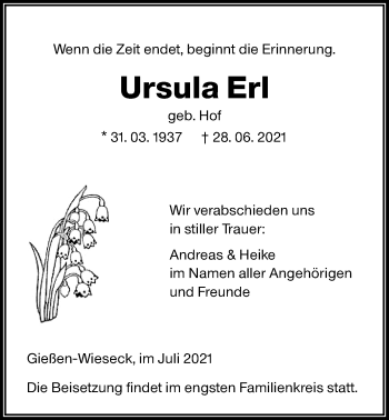 Traueranzeige von Ursula Erl von Giessener Allgemeine, Alsfelder Allgemeine