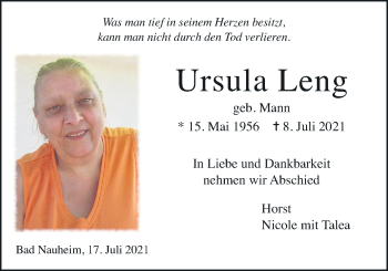 Traueranzeige von Ursula Leng von Wetterauer Zeitung