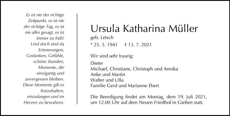  Traueranzeige für Ursula Katharina Müller vom 17.07.2021 aus Giessener Allgemeine, Alsfelder Allgemeine