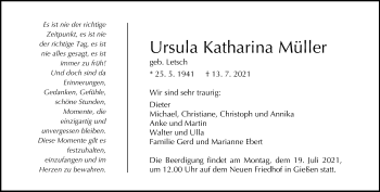 Traueranzeige von Ursula Katharina Müller von Giessener Allgemeine, Alsfelder Allgemeine