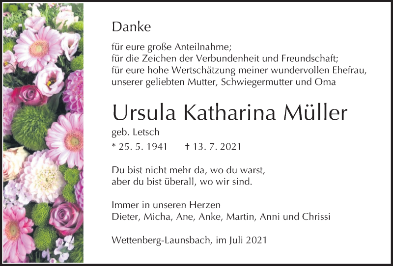  Traueranzeige für Ursula Katharina Müller vom 24.07.2021 aus Giessener Allgemeine, Alsfelder Allgemeine
