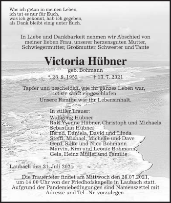 Traueranzeige von Victoria Hübner von Laubacher Anzeiger