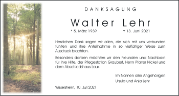 Traueranzeige von Walter Lehr von Wetterauer Zeitung