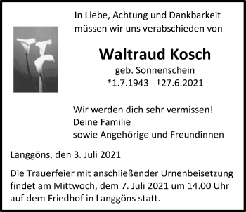 Traueranzeige von Waltraud Kosch von Giessener Allgemeine, Alsfelder Allgemeine