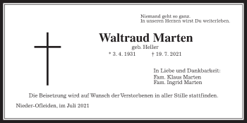 Traueranzeige von Waltraud Marten von Alsfelder Allgemeine