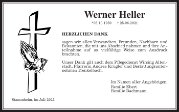 Traueranzeige von Werner Heller von Wetterauer Zeitung