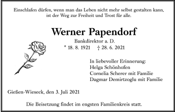 Traueranzeige von Werner Papendorf von Giessener Allgemeine, Alsfelder Allgemeine