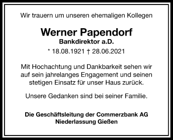 Traueranzeige von Werner Papendorf von Giessener Allgemeine, Alsfelder Allgemeine