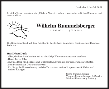 Traueranzeige von Wilhelm Rummelsberger von Giessener Allgemeine, Alsfelder Allgemeine