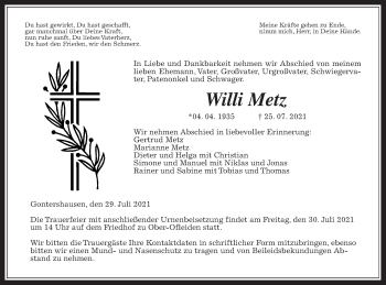 Traueranzeige von Willi Metz von Alsfelder Allgemeine