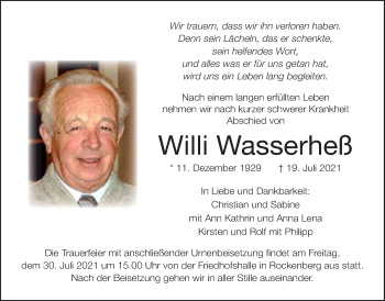 Traueranzeige von Willi Wasserheß von Wetterauer Zeitung